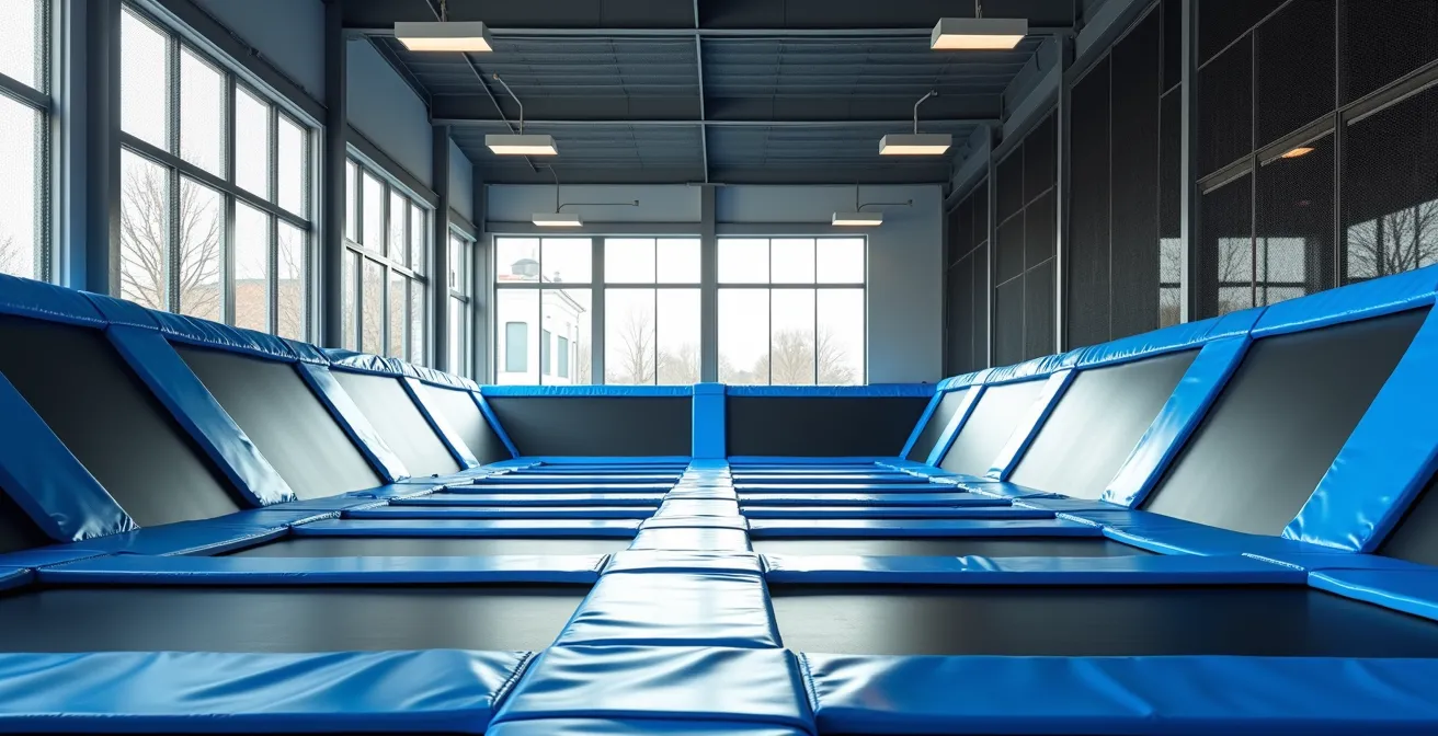 Vue large d'un espace trampoline park vide, lumière naturelle traversant de hautes baies vitrées, lignes épurées, trampolines bleus s'étendant vers l'horizon, atmosphère calme et aérée