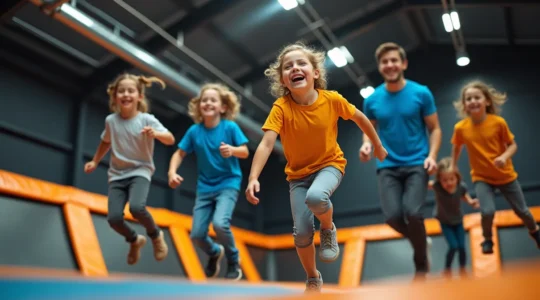 Famille multigénérationnelle bondissant ensemble sur trampolines indoor sous éclairage doux, vêtements sportifs colorés, expressions joyeuses, arrière-plan flou révélant structures sécurisées