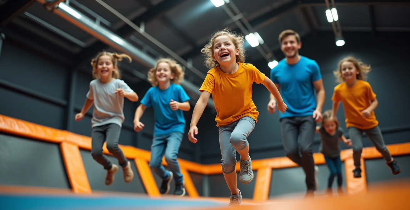 Famille multigénérationnelle bondissant ensemble sur trampolines indoor sous éclairage doux, vêtements sportifs colorés, expressions joyeuses, arrière-plan flou révélant structures sécurisées