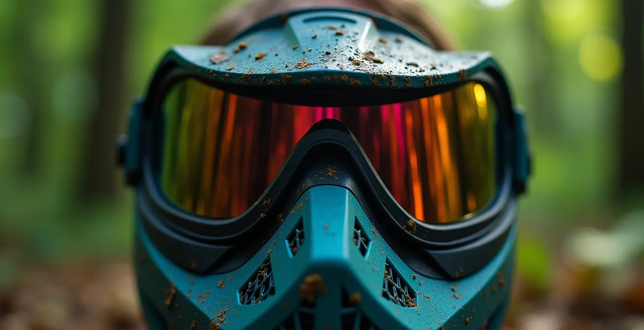Gros plan sur un masque de paintball avec reflets colorés