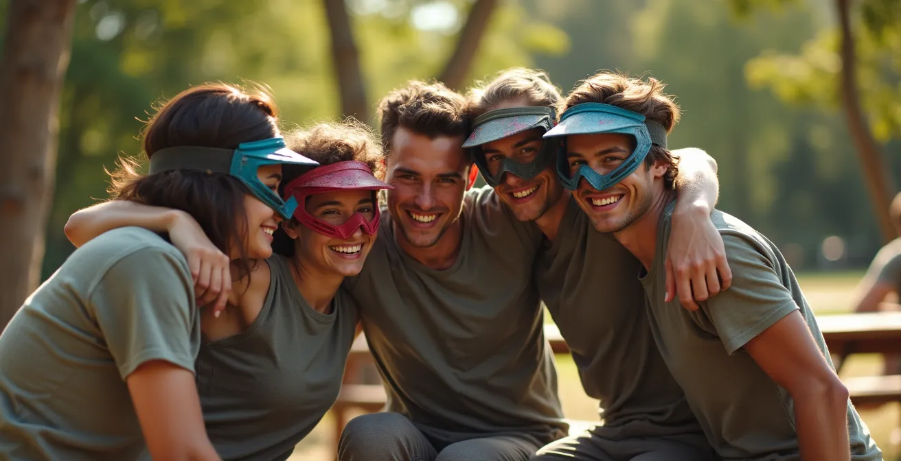 Groupe d'amis célébrant après une partie de paintball